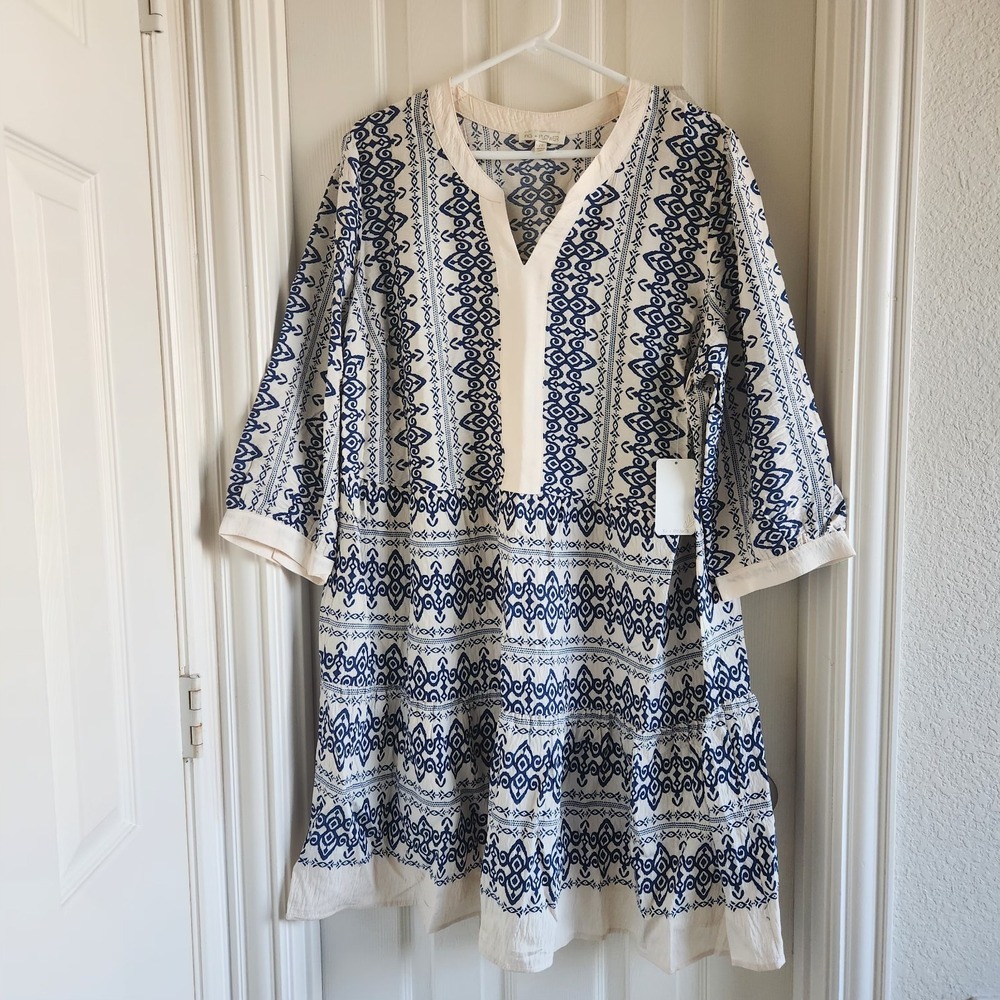 NWT Fig & Flower Cream/Navy Dress Plus Size V-Neck Printed Baby Doll 2X - Picture 3 of 9